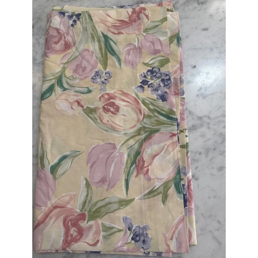 Vintage The Bibb Company Floral Tulip Flat Sheet Full Size Made in USA Cream